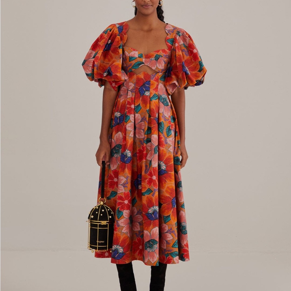 Anthropologie Orange Marias Floral Cut-Out Midi Dress